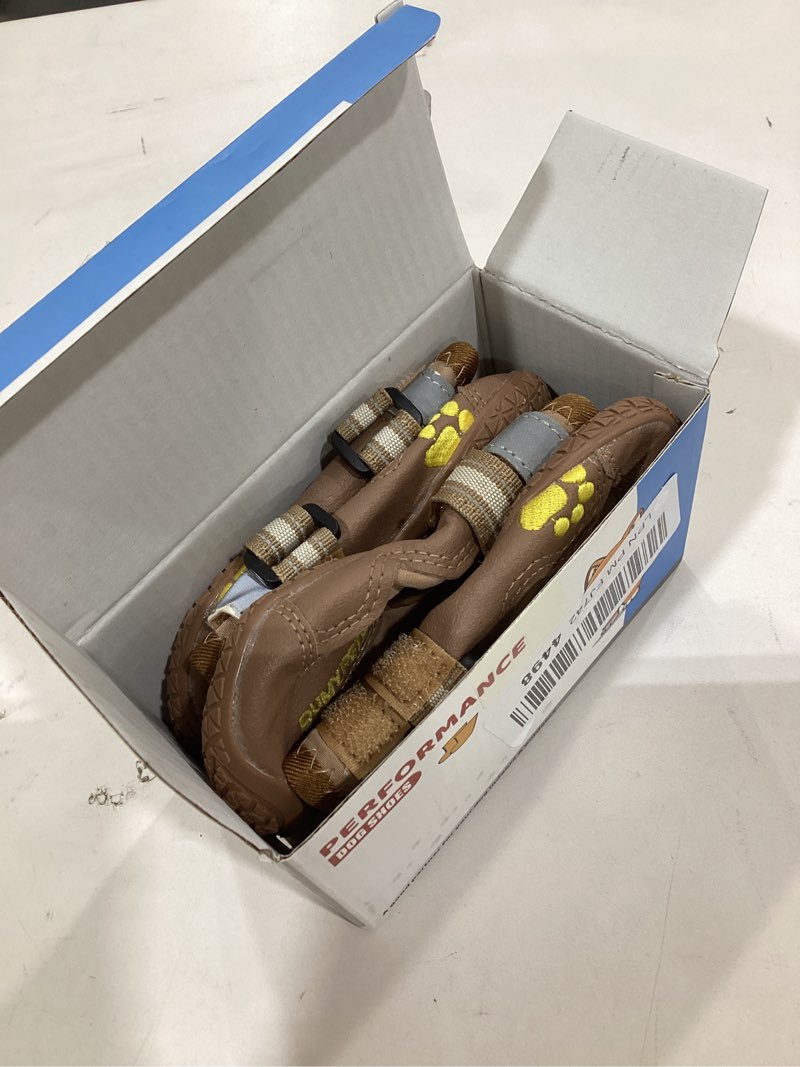 Condition photo showing As Is for QUMY Dog Shoes for Large Dogs, Medium Dog Boots & Paw Protectors for Winter Snowy Day, Summer Hot Pavement, Water-Resistant in Rainy Weather, Outdoor Walking, Indoor Hardfloors Skid-Resistant Sole Khaki Size 4: 2.2''x2.6''(W*L) (Pack of 4)