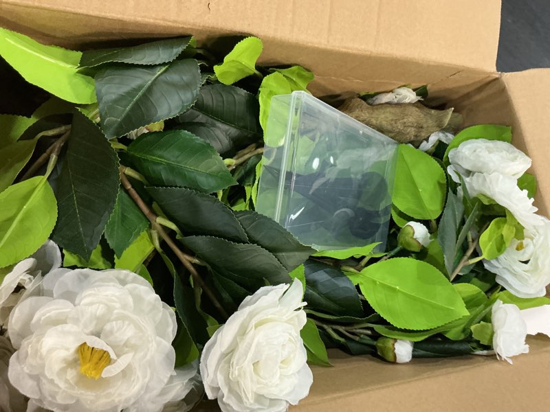 Condition photo showing Good Condition for 2 pack 3ft artificial camellia plants tree 36" faux camellia flower with spike uv resistant realistic fake floral blooming bush for indoor outdoor front door porch backyard garden, white 3 ft white 2