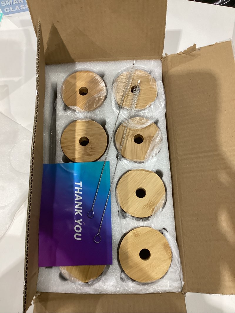 Condition photo showing Good Condition for 16 Oz Drinking Glasses with Bamboo Lids and Glass Straw - 8 Pcs Glass Cups Beer Ice Coffee Glasses Cute Aesthetic Cup Great for Coffee Bar Accessories Include 2 Cleaning Brushes