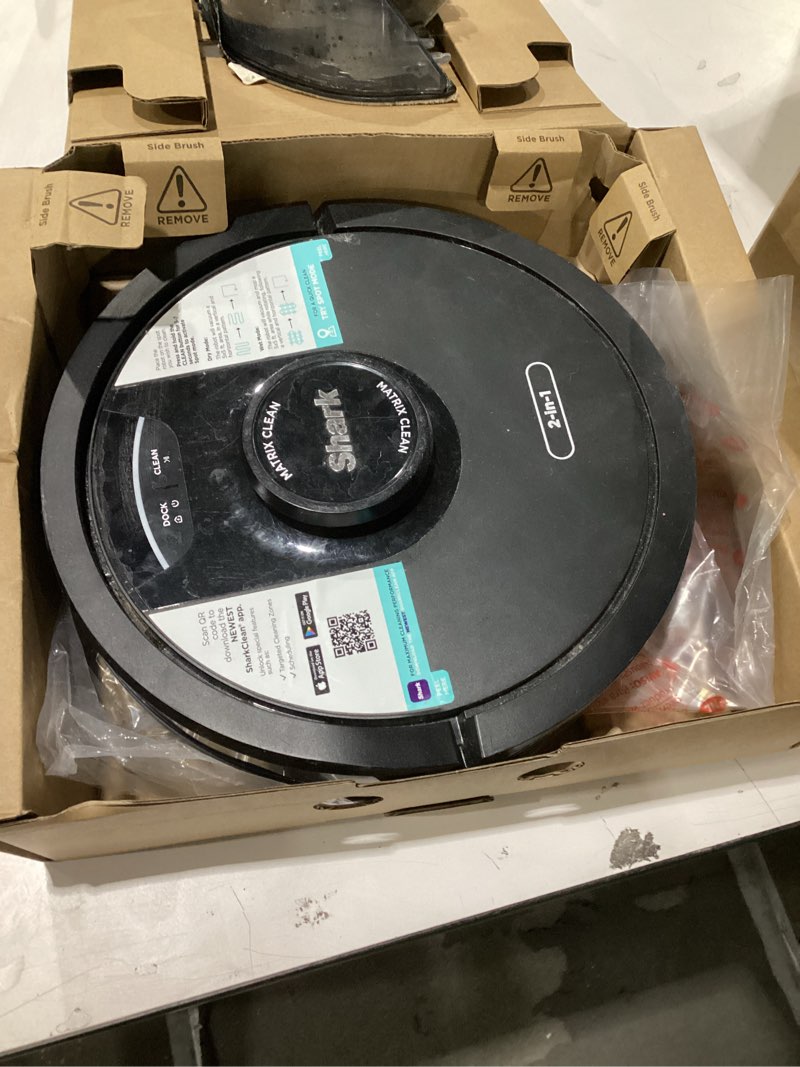 Condition photo showing As Is for Not tested!!! Shark Robot Vacuum & Mop Combo, PowerDetect NeverTouch Pro, Self-Emptying, Self-Refill with Self-Clean Pad Wash & Dry, 60-Day Debris Capacity, 30-Day Refill Tank, 5 Technologies, Black, AV2800ZEBK Wet+Dry AutoRefill+SelfClean-Black