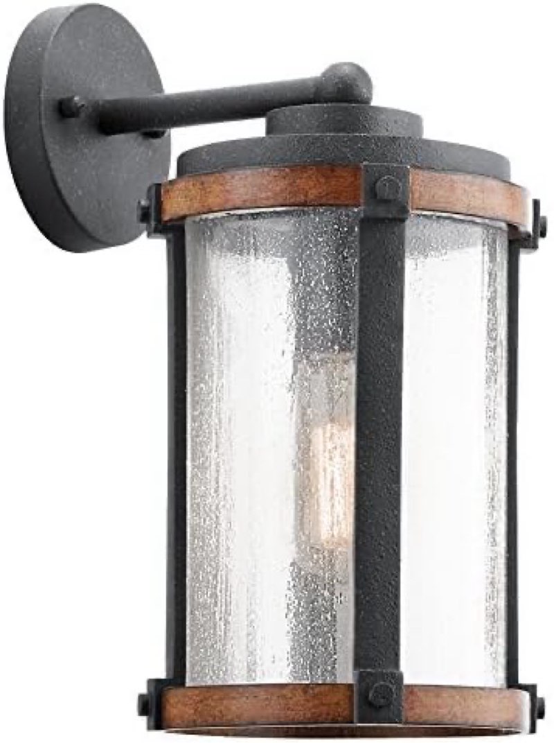 kichler lighting barrington distressed black and wood outdoor wall light, 13" h