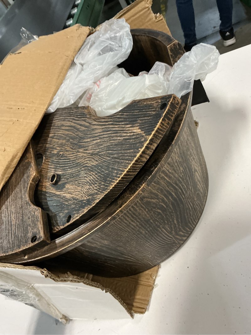Condition photo showing Good Condition for alpine corporation 27" tall rustic outdoor 2-tier barrel pump water fountain with soothing cascading water flow for patio, yard, porch, or landscape, bronze bronze finish