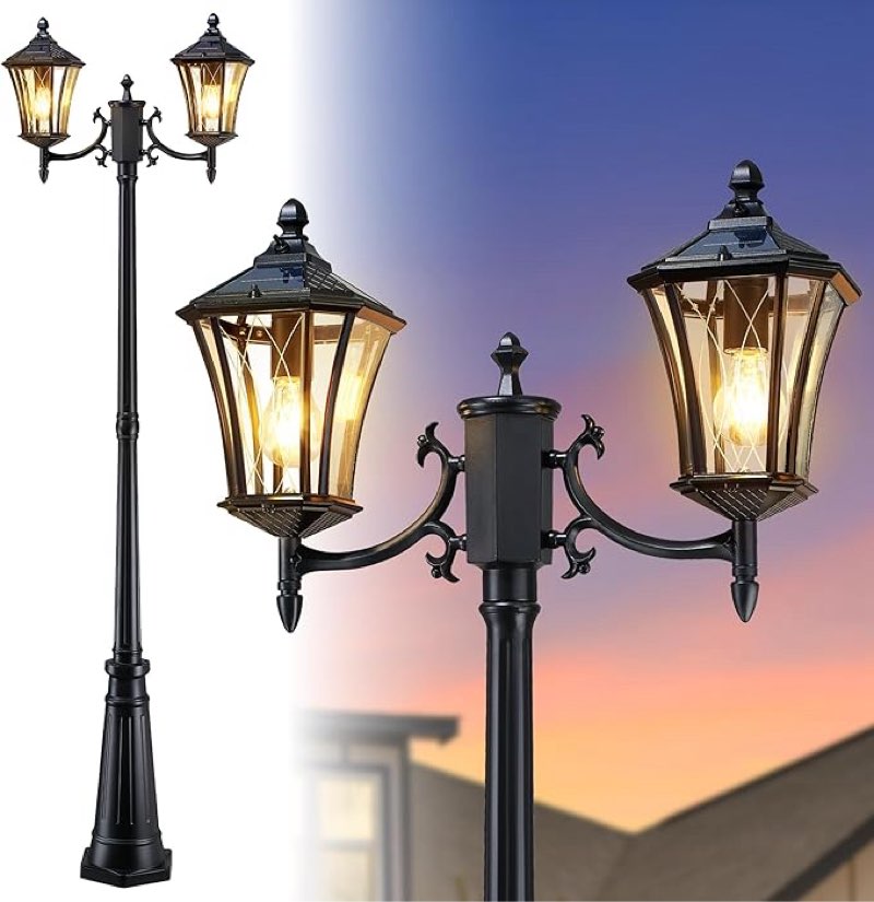 YSN 85" Solar Lamp Post Light, Dusk to Dawn Lamp Posts Outdoor Lighting, 2-Head Solar Pole Lights Ou