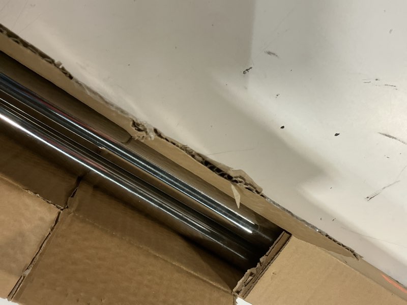 Condition photo showing As Is for oxdigi tension curtain rods adjustable shower curtain rod spring tension 122.4-142.1 inches, curtain rod no drill no rust nonslip heavy duty for bathroom, window, closet, room divider, stainless steel