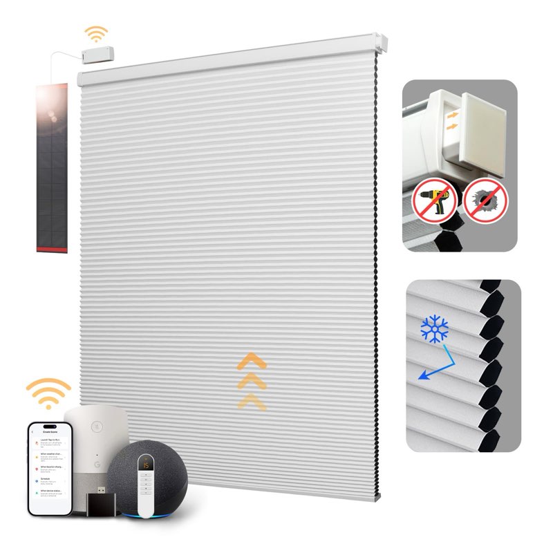CINONEKO No Drill Motorized Cellular Shades with Remote?Cordless Smart Honeycomb Blinds??Free Solar Panel? Blackout Electric Blinds, No Tools No Drilling Honeycomb Shades,Gray 39x64