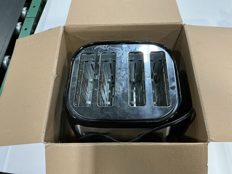 Condition photo showing As Is for BLACK+DECKER 4-Slice Toaster, Extra Wide Slots, 7 Shade Settings, 1400 Watts, Frozen and Bagel Buttons, Toast Shade Selector, Extra Lift