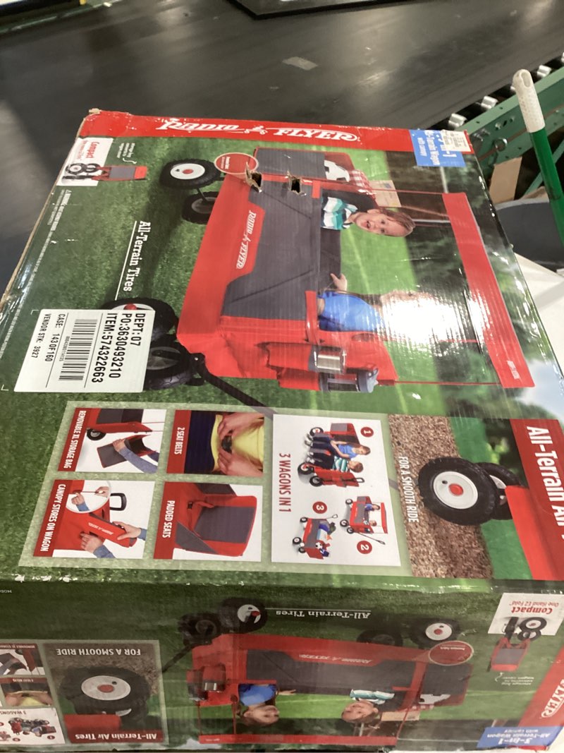 Condition photo showing As Is for radio flyer, 3-in-1 all-terrain ez fold wagon with canopy, red and gray, air tires