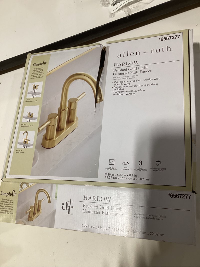 Condition photo showing Good Condition for allen + roth harlow simplefit brushed gold 4-in centerset 2-handle watersense mid-arc