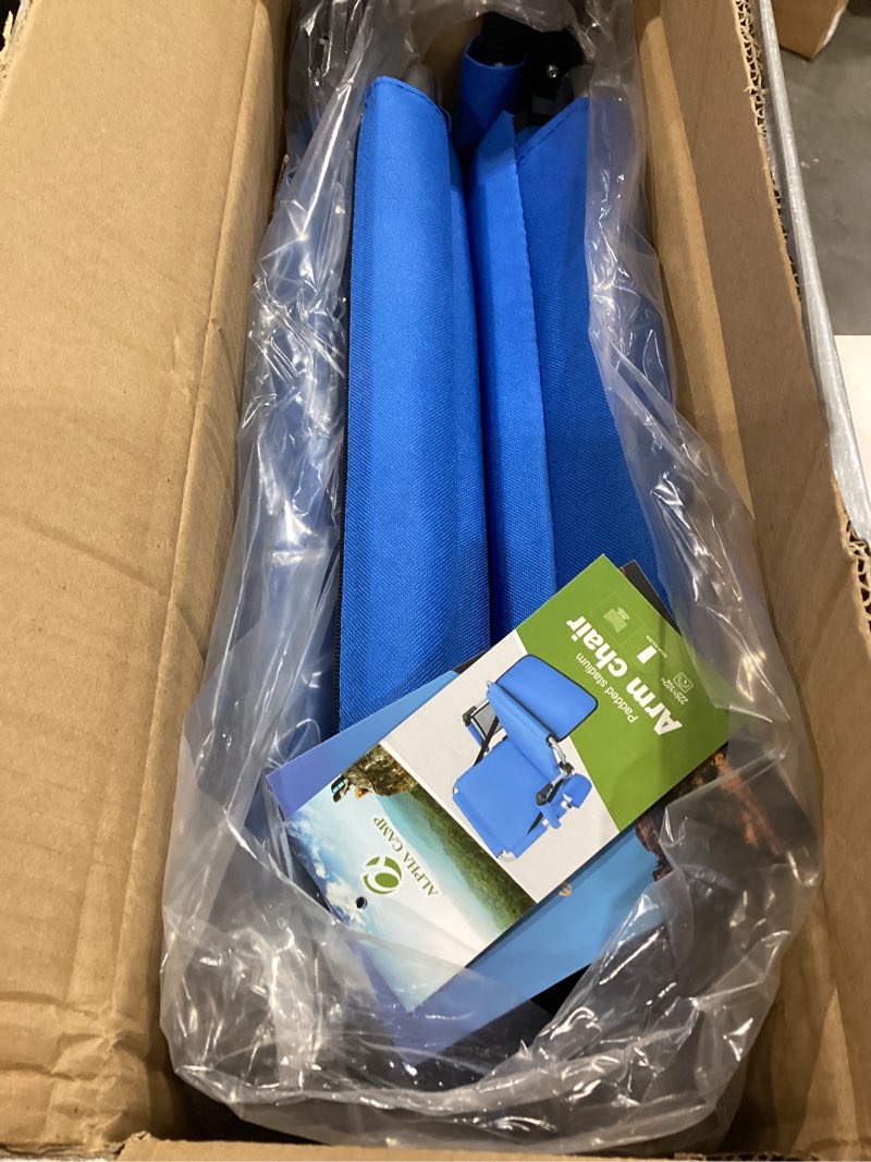 Condition photo showing Good Condition for let's camp folding stadium seat bleacher chair with cup holder, mesh bag and hide hooks, portable stadium chair with back and cushion blue - 2 pcs