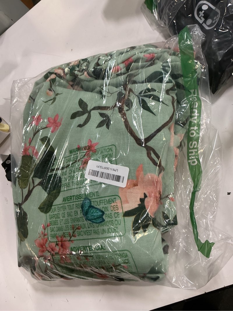 Condition photo showing As Is for extra long 120 inch green and white floral bird curtains boho sheer 2 panels back tab for living room vintage light flitering leaf flower patterned linen drapes for dining room bedroom seafoam green green 52"w x 120"l (pack of 2)