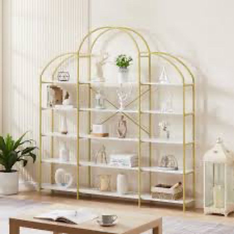 5-Tier Modern Gold Bookcase with Round Top & X-Bar Frame – Sturdy Display Shelf for Home, Office, or Living Room INCOMPLETE 