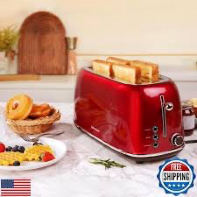 2 Slice Toaster Retro Stainless Steel with Bagel, Cancel, and Defrost Functions, 6 Bread Shade Settings, Extra Wide Slots and Removable Crumb Tray, Black