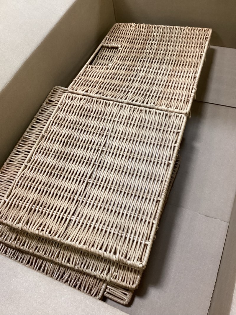 Condition photo showing Good Condition for 12X12X10in Plastic Wicker Storage Basket, Collapsible Wicker Cube Storage for Shelves, Woven Plastic Storage Basket for Pantry, Bedroom, Living Room, Bathroom, Shelves-3 Pack Natural 12x12x10