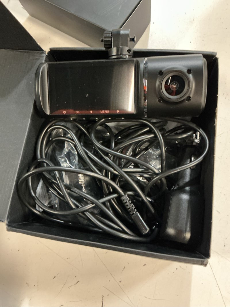 Condition photo showing Good Condition for dash cam front and rear, 1080p dash camera for cars, 3 channel car camera front rear and inside with 32gb card, loop recording, night vision, hdr, 24hr parking, g-sensor black