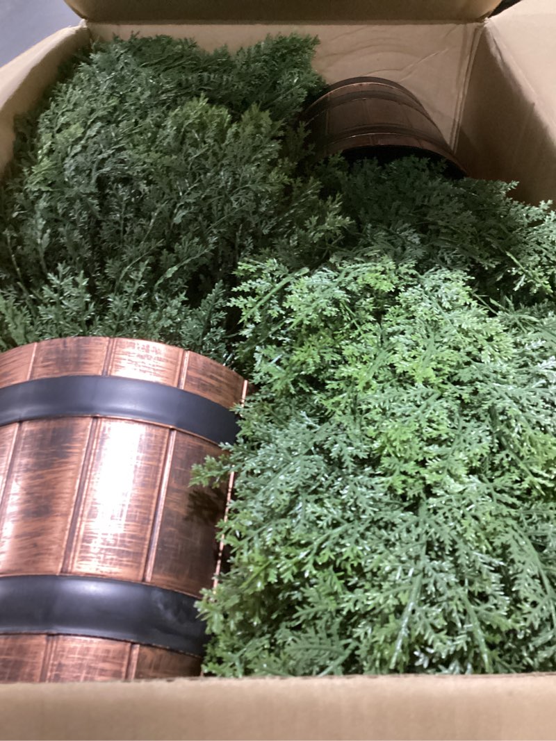 Condition photo showing Good Condition for set of 2 artificial cedar topiary trees - 4ft faux pine shrubs with barrel planter, fake cypress evergreen plants for home office front door porch decor cedar topiary trees-2 pack