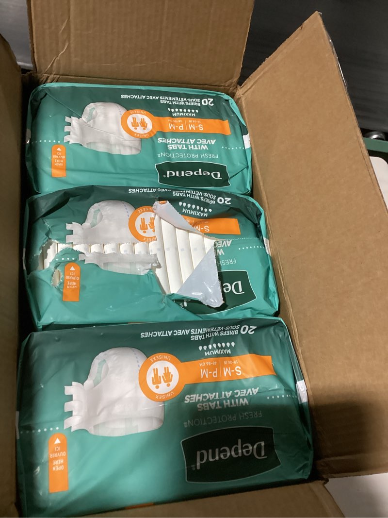 Condition photo showing Good Condition for Depend Adult Diapers with Tabs, Incontinence Protection with Tabs, Unisex, Small/Medium (19–34" Waist, Up To 170 lbs), Maximum Absorbency, 60 Count (3 Packs of 20) Small/Medium 60
