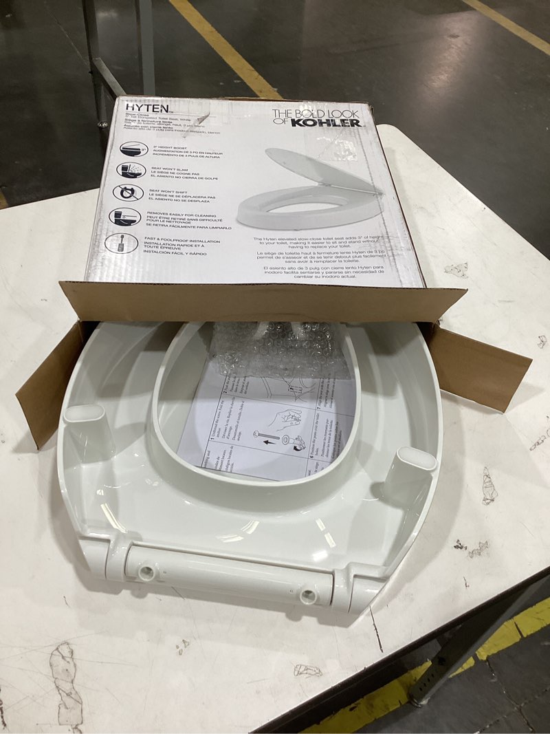 Condition photo showing Good Condition for kohler 25875-0 hyten 3" height, elevated soft close elongated toilet seat, contoured seat with grip-tight bumpers, quick-attach hardware, no slam toilet seat, white white elongated