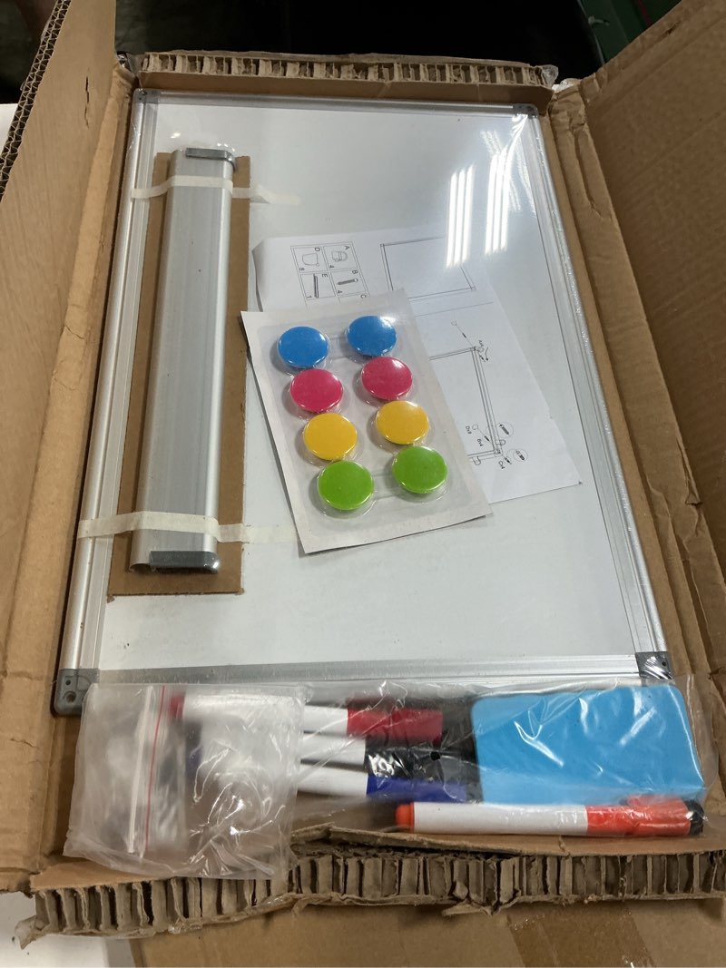 Condition photo showing New/Like New for double-sided magnetic whiteboard, 18" x 12" dry erase board aluminum frame for wall, white board marker board for kitchen, memo, school, home, office white 18"w x 12"h