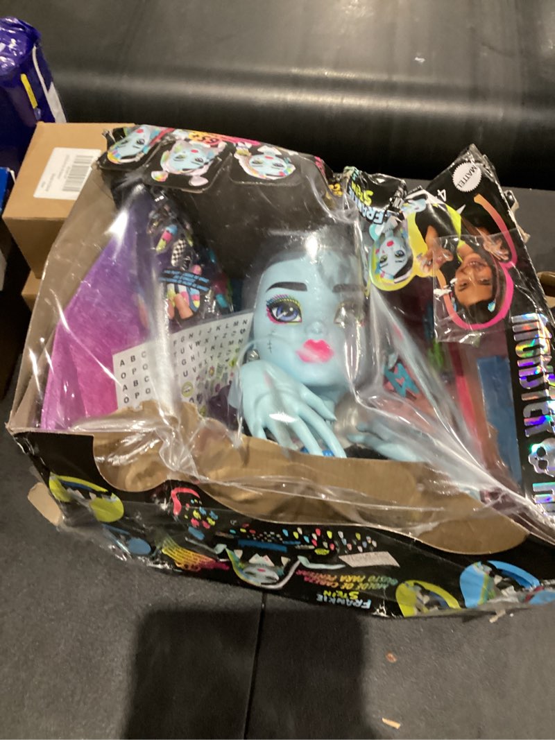 Condition photo showing As Is for Monster High Frankie Stein Doll Head for Hairstyling with 65+ Accessories Including Wear & Share Nails, Hair Ties, Barrettes & Stickers