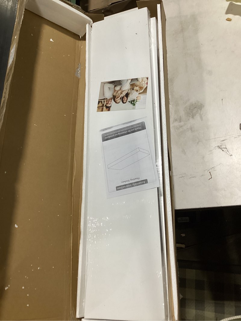Condition photo showing New/Like New for Heimlove 36 inch Floating Shelves for Wall,2 Packs Natural Pine Solid Wood Floating Shelves, 8 inches Deep Wooden Shelves for Kitchen Bedroom Office & Living Room Display Wall Decor 36''W x 7.9''D x 1.5''H,Set of 2-Pine Wood White