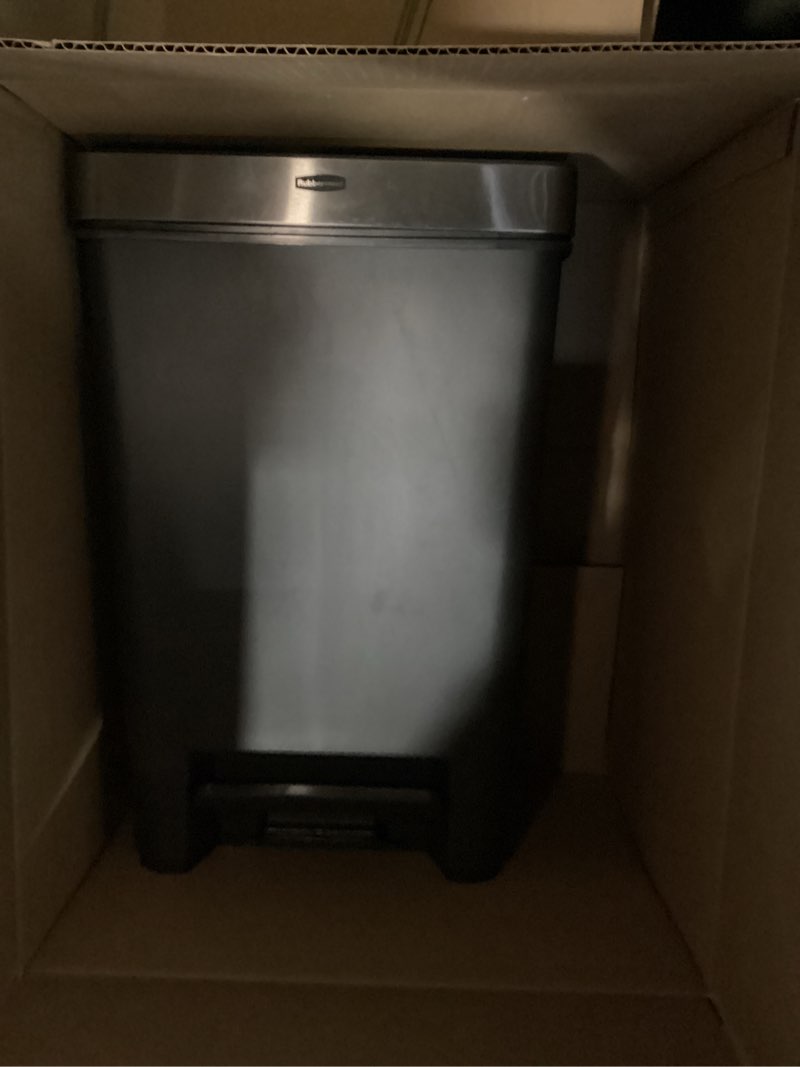 Condition photo showing Good Condition for rubbermaid premier series iii step-on trash can for home and kitchen, with stainless steel rim, 12.4 gallon, charcoal, for home/kitchen/garage/apartment/office metal rim, resin lid