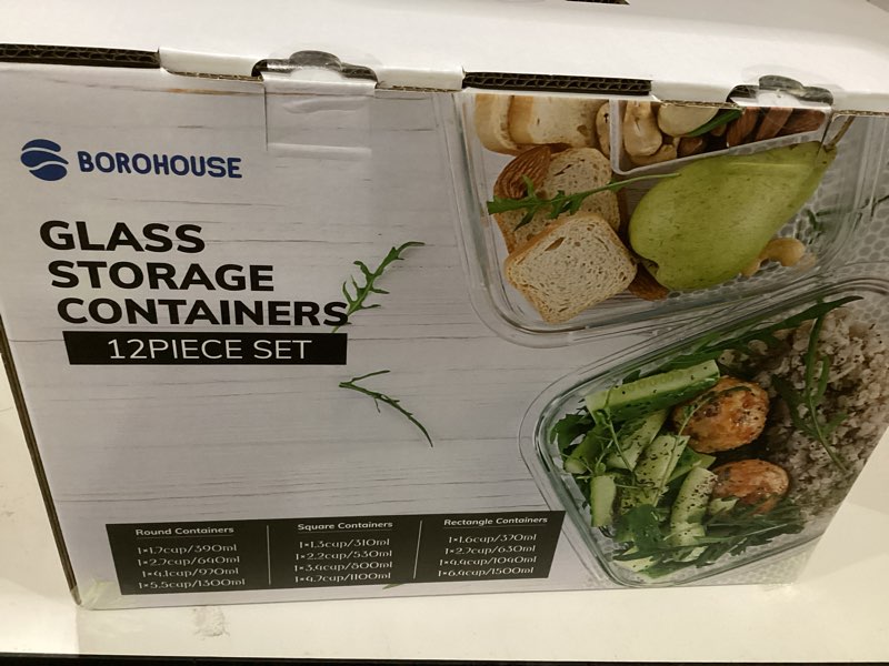 Condition photo showing New/Like New for 12-pack glass containers with tempered lids – borosilicate, oven-safe(-4°f~950°f), airtight, bpa-free, multi-size for meal prep, dishwasher safe (gray)
