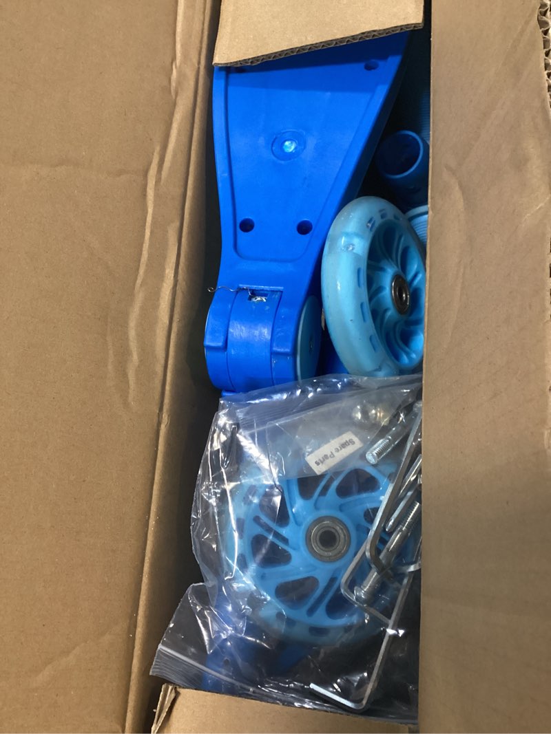 Condition photo showing As Is for gotrax ks3 kids kick scooter, led lighted wheels, adjustable height handlebars and removable seat, lean-to-steer & widen anti-slip deck, 3 wheel scooter for kids ages 2-8 and up to 110 lbs blue with seat