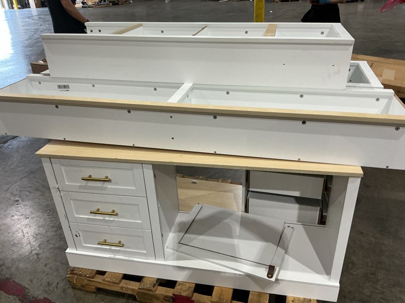 Condition photo showing As Is for merax 102.3 inch wide rustic tv stand with 6 drawers & adjustable shelves, large media console for tvs up to 75", farmhouse entertainment center, modern bookshelves wall unit, white