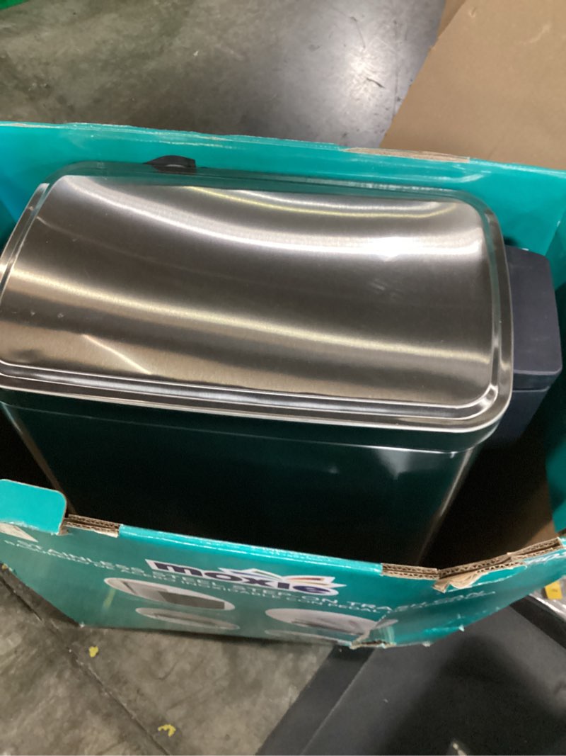 Condition photo showing As Is for moxie 40 liter stainless steel silver steel kitchen hinged lid trash can