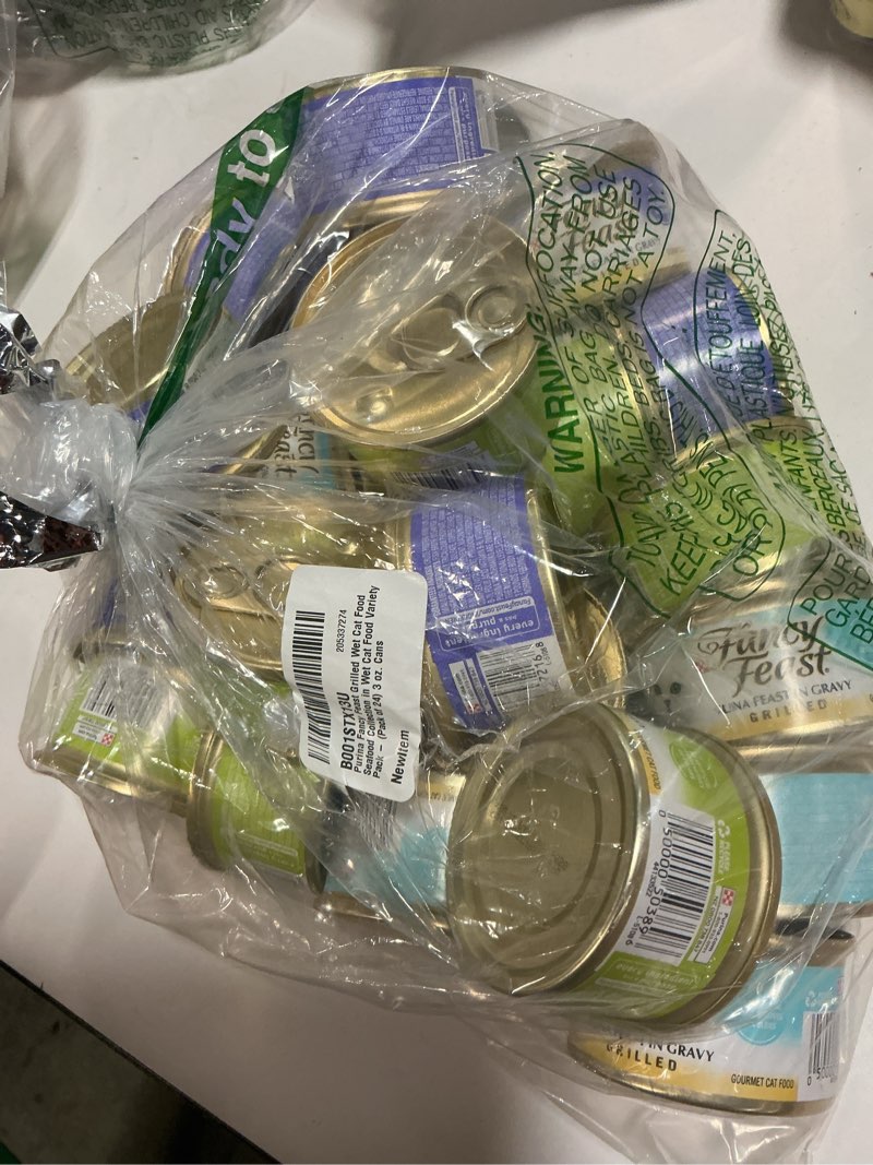 Condition photo showing New/Like New for (By Jan-2028)Purina Fancy Feast Grilled Wet Cat Food Seafood Collection in Wet Cat Food Variety Pack - (Pack of 24) 3 oz. Cans