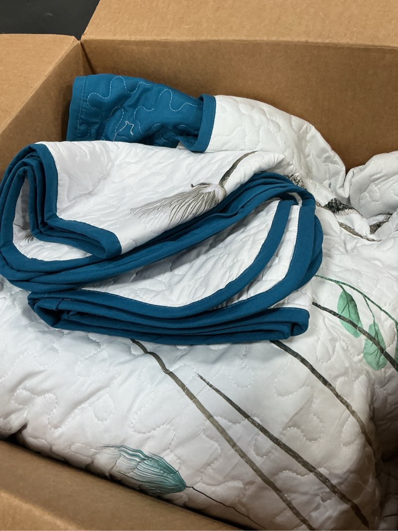 Condition photo showing As Is for king size quilt set floral,3 pieces teal & white quilts coverlet set flower bedspreads bed cover lightweight grey quilt boho bedding sets for king bed summer 110"x90" king teal