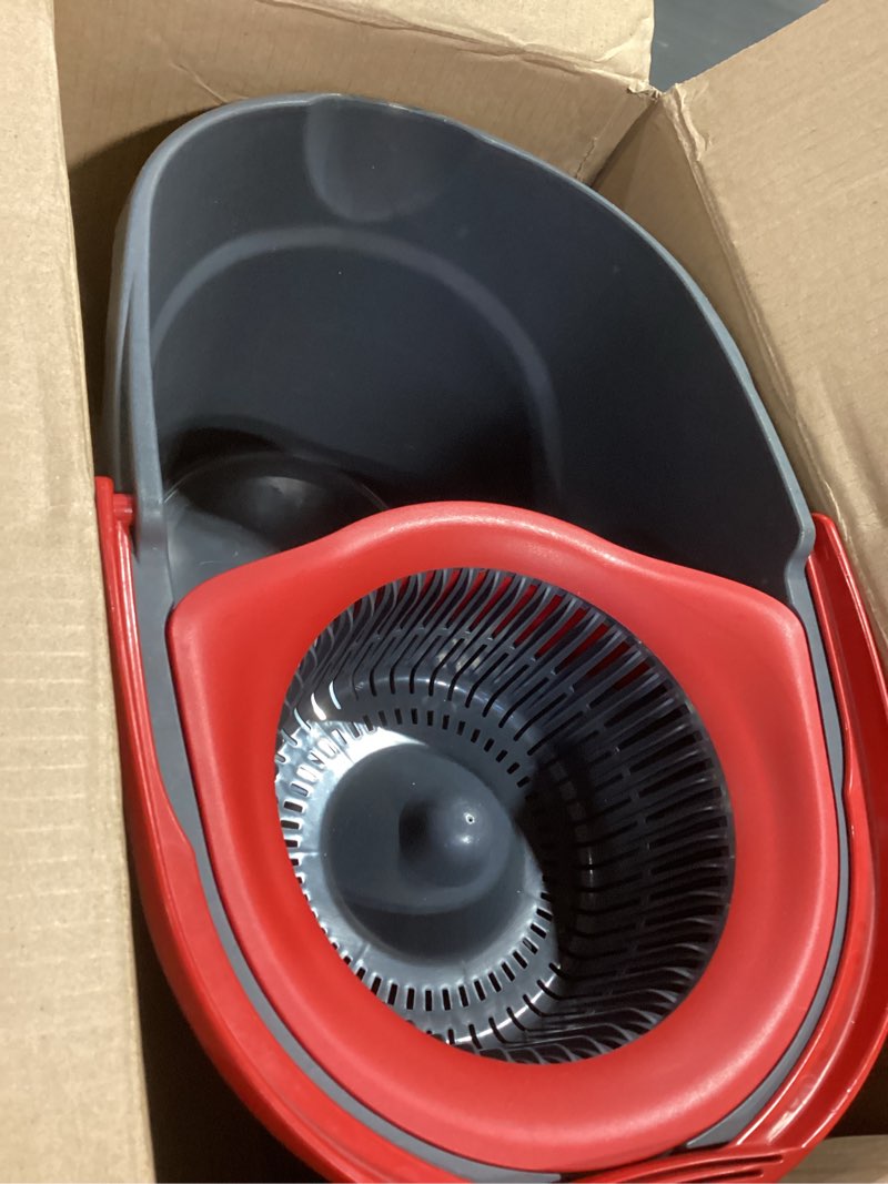 Condition photo showing As Is for o-cedar easywring microfiber spin mop & bucket floor cleaning system + 2 extra refills, red/gray spin mop & bucket with 2 extra refills