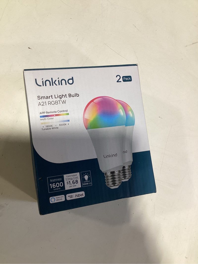Condition photo showing New/Like New for linkind smart light bulbs, 1600lm (100w equivalent) smart bulb, work with alexa & google home, rgbtw color changing bulb music sync, 2.4ghz wi-fi & bluetooth, led alexa light bulbs 14w, a21 e26, 2pack 2 pack 100w
