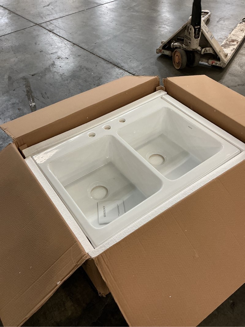 Condition photo showing New/Like New for brookfield undermount cast iron 33 in. 5-hole double bowl kitchen sink in white