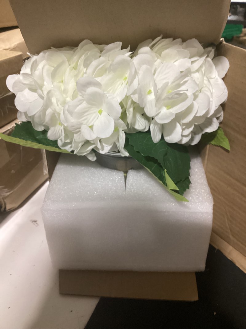 Condition photo showing Good Condition for hollyone hydrangea artificial flowers with vase white silk fake flowers arrangements in glass vase with faux water for home bathroom office table centerpiece shelf decorations hydrangea, white