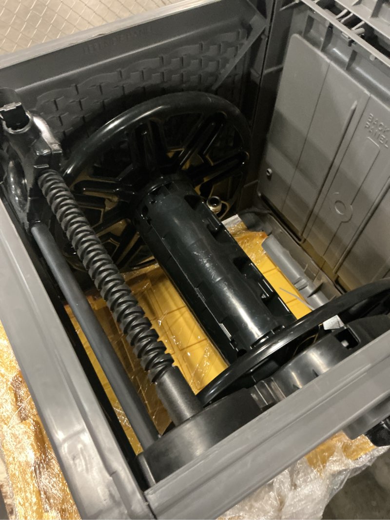 Condition photo showing As Is for suncast smart trak 225 ft. gray free standing hideaway hose reel