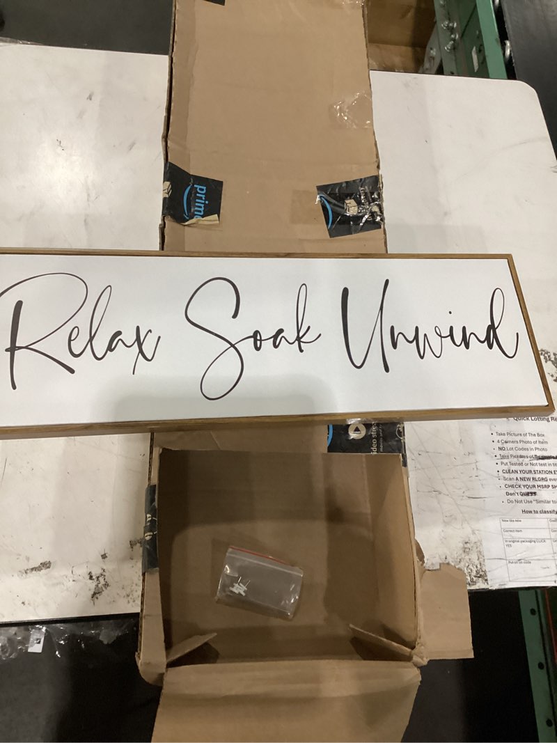Condition photo showing New/Like New for relax soak unwind signs bathroom wall decor, 32x12 inch wood framed bathroom wall art relaxing bath time wall decoration, farmhouse laundry room decor long plaque for wash room wall, natural natural frame 32"x12" relax soak unwind