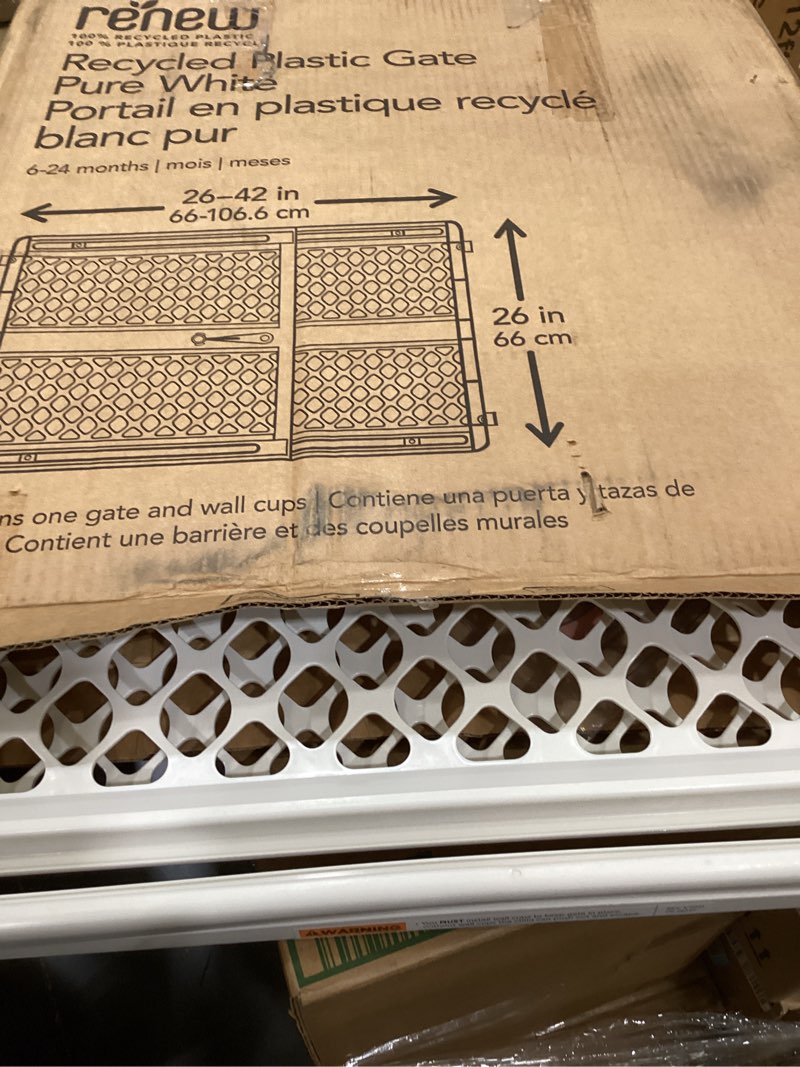 Condition photo showing Good Condition for toddleroo by north states - renew 100% recycled plastic baby gate for doorway; sturdy for indoor & outdoor use: pressure mounted, no drill gate; made in usa; 26" to 42" wide, 26" tall; pure white