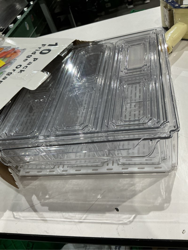 Condition photo showing Good Condition for kumd 10-pack clear fridge organizer bins with lids, stackable refrigerator storage containers, bpa-free with drain tray & anti-slip base for fruits, veggies, drinks 10 pcs food storage containers