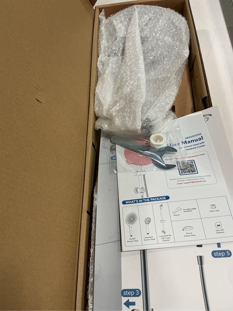 Condition photo showing New/Like New for makefit drill-free dual shower head with handheld combo rainfall shower head easy reach 3-way diverter stainless steel slide bar with height adjustable holder adjustable rain showerhead (chrome)