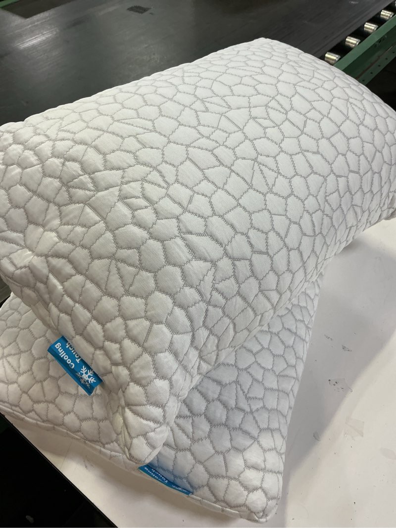 Condition photo showing As Is for qutool cooling pillow for sleeping 2 pack, luxury shredded memory foam bed queen pillows set of 2, cool pillow for hot sleepers adjustable firm pillow for side, back, stomach sleepers soft yet support white-cooling basic queen(2 pack)-20'*30'