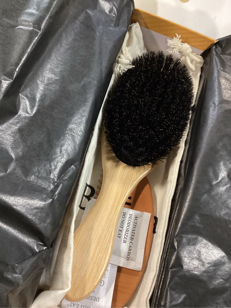 Condition photo showing Good Condition for Belula 100% Boar Bristle Hair Brush Set (Medium). Soft Natural Bristles for Thin and Fine Hair. Restore Shine And Texture. Wooden Comb, Travel Bag and Spa Headband Included! Medium (4 PIECE SET)