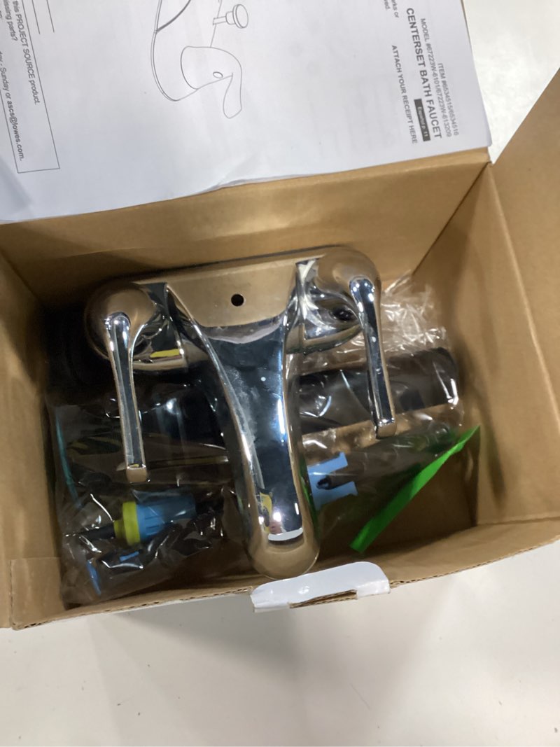 Condition photo showing As Is for project source polished chrome 4-in centerset 2-handle watersense low-arc residential handle bathroom sink faucet with drain with deck plate