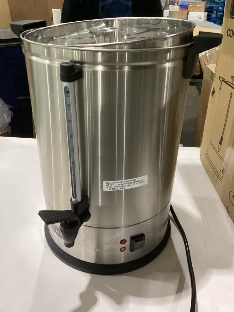 Condition photo showing As Is for used not tested sybo sr-cp-100b commercial grade stainless steel percolate coffee maker hot water urn for catering, 100-cup 16 l, metallic 16l metallic
