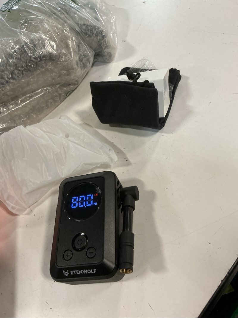 Condition photo showing New/Like New for etenwolf mini bike pump,20s fast inflate bicycle pump with guage,150psi portable electric bike air pump with presta and schrader valve for mountain bike,road bike,motorcycle,car,sport ball black