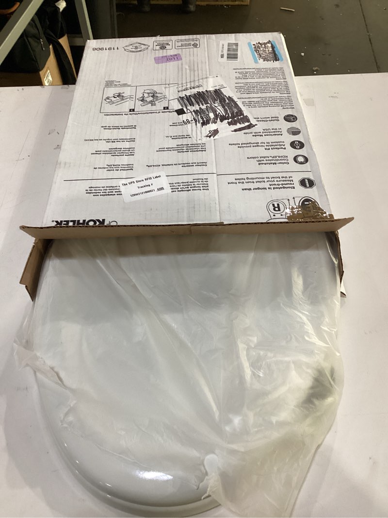 Condition photo showing As Is for kohler stonewood quiet-close elongated toilet seat, slow close design, durable wood, easy installation, universal fit, white finish, k-20466-0