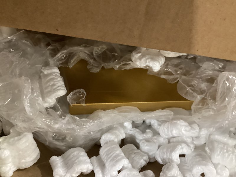 Condition photo showing As Is for Chende Large Arched Mirror, 34''X22'' Gold Bathroom Mirror with Beveled Glass, Elegant Decorative Mirror for Living Room, Entryway, Dining Room