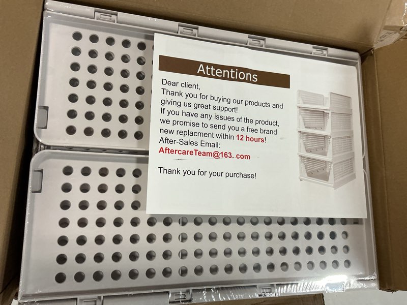 Condition photo showing New/Like New for 4 pack stackable closet storage basket - stackable storage bins, multifunctional & foldable closet organizer divided, wardrobe cupboard space-saving clothes storage hat organizer, white white 4 pack white