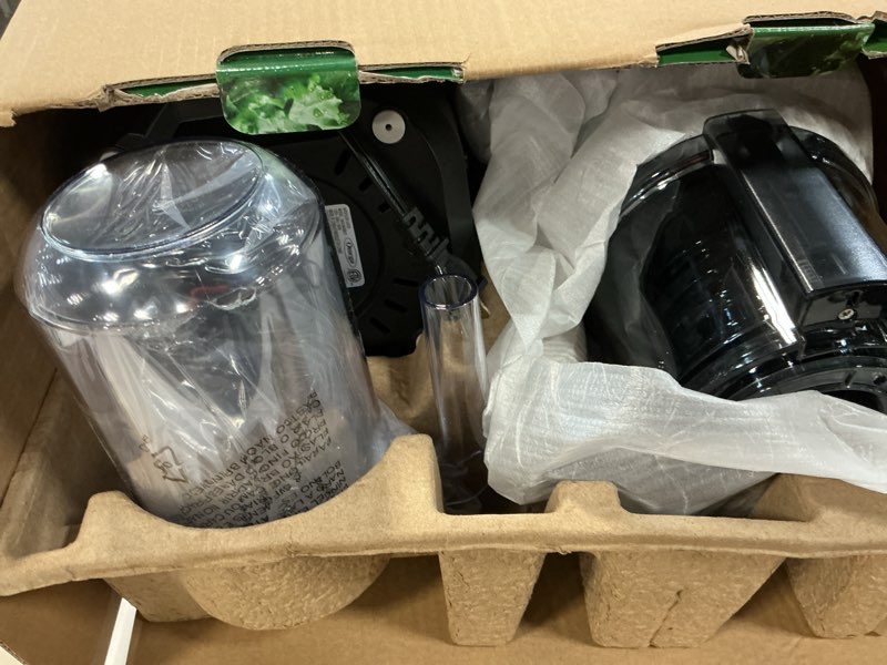 Condition photo showing As Is for omega cold press juicer – slow masticating hands free juicer machine for vegetables and fruits with wide mouth hopper for whole recipe batch juicing, time saving series, easy to clean, 150-watt motor black