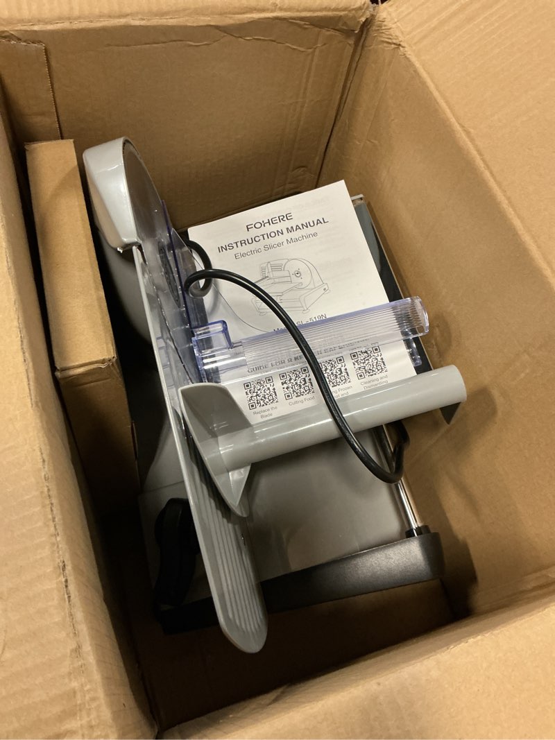 Condition photo showing Good Condition for FOHERE 200W Meat Slicer Machine for Home, Electric Food Slicer with Two 7.5" Sharp Stainless Steel Blade(Serrated + Smooth) 0-15mm Precise Thickness Deli Meat Slicer for Bread Fruit Vegetable(Silver)